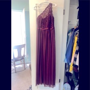 David’s Bridal One Shoulder Lace Dress in Wine